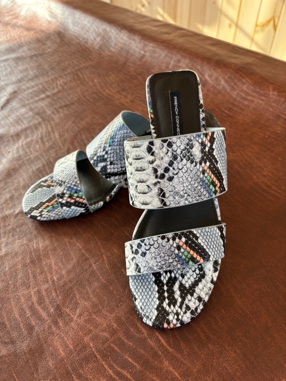 French Connection Women's Gray Snake-Print Slide Sandals